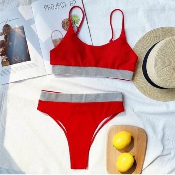 New Red Shimmering Bralette Top High waisted Bikini Set Swimsuit Size M - Picture 5 of 7
